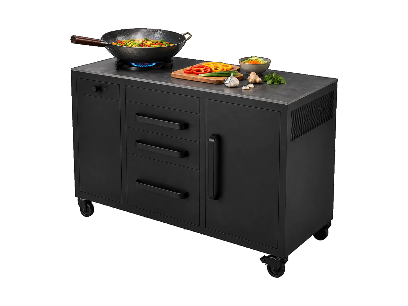 Isla Vantablack Inferno con quemador a gas integrado, diseñada para cocinar con wok al aire libre.