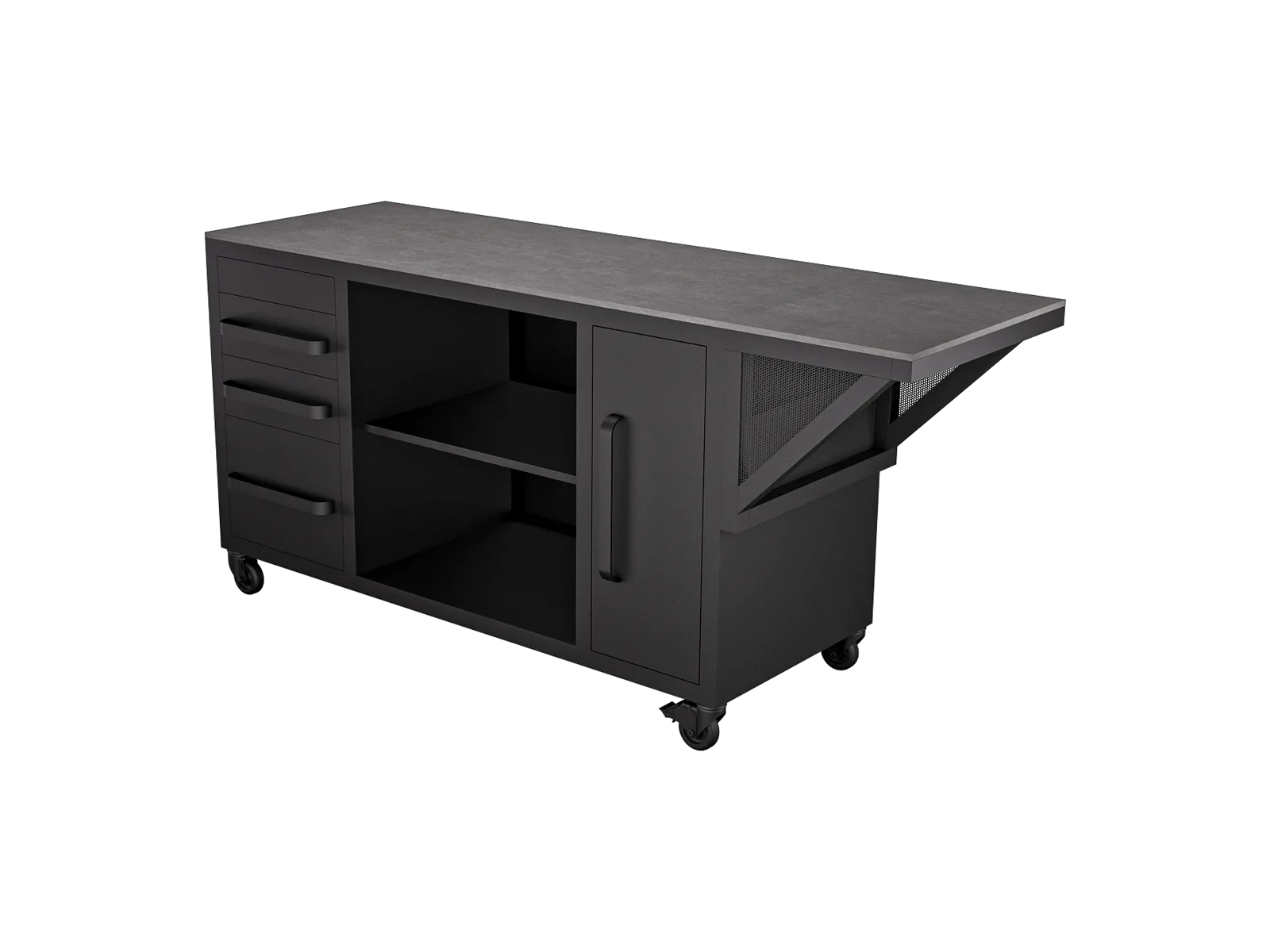 Vantablack Lounge S, módulo lounge lateral compacto con superficie abatible integrada.