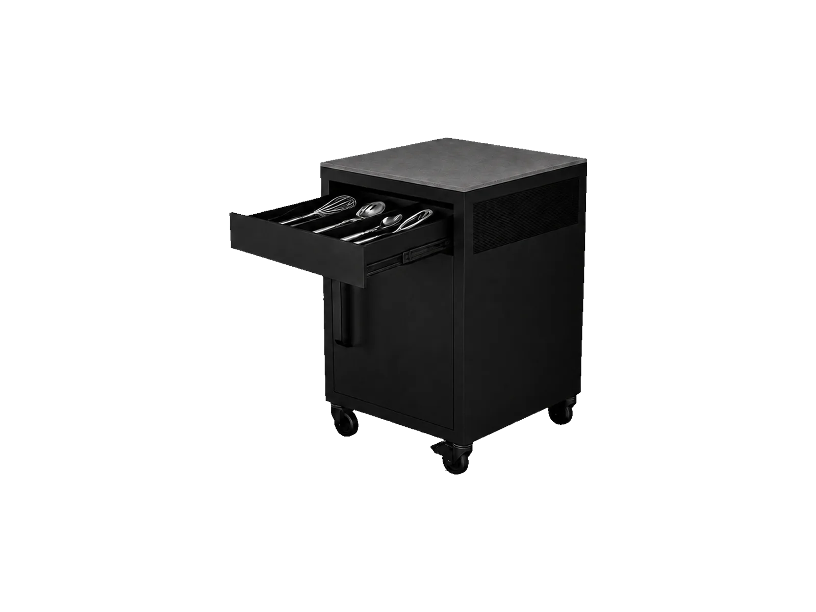 Isla compacta Vantablack Mini, con cajón superior para utensilios y almacenamiento integrado.