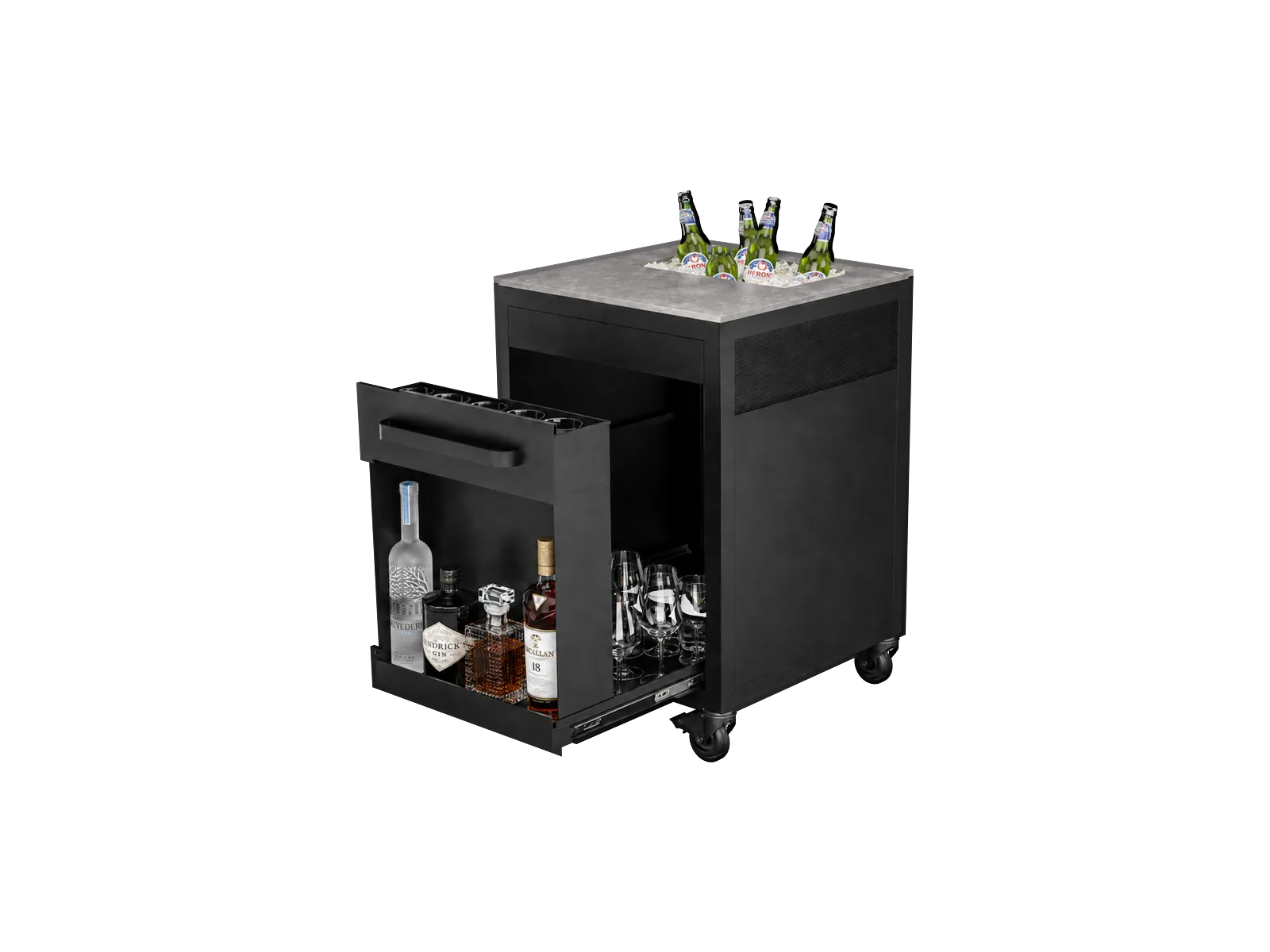 Vantablack Minibar, módulo compacto de bar con almacenamiento interior para botellas y copas.
