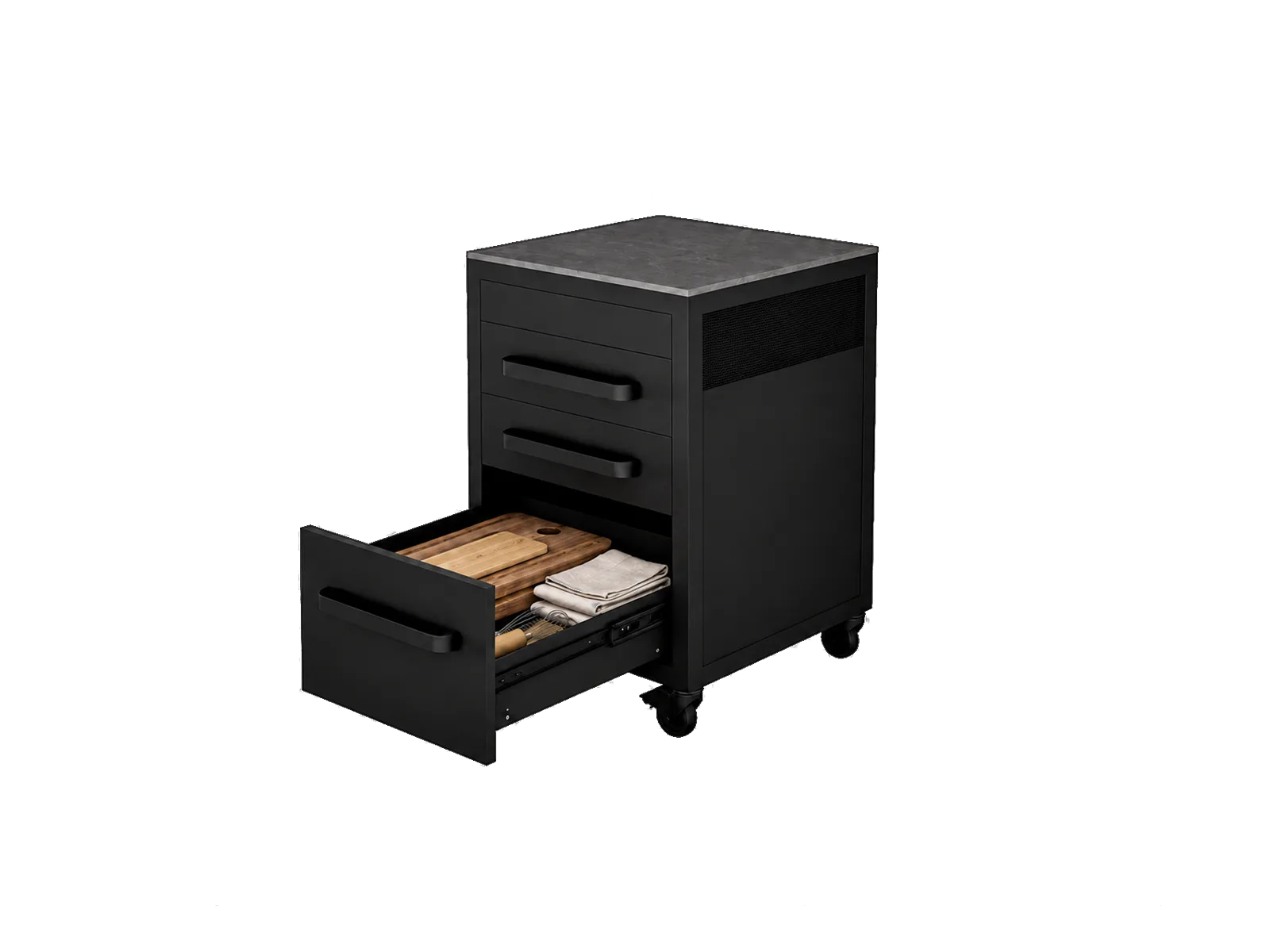 Vantablack Minibox, isla compacta con cajonera de gran capacidad para almacenamiento.