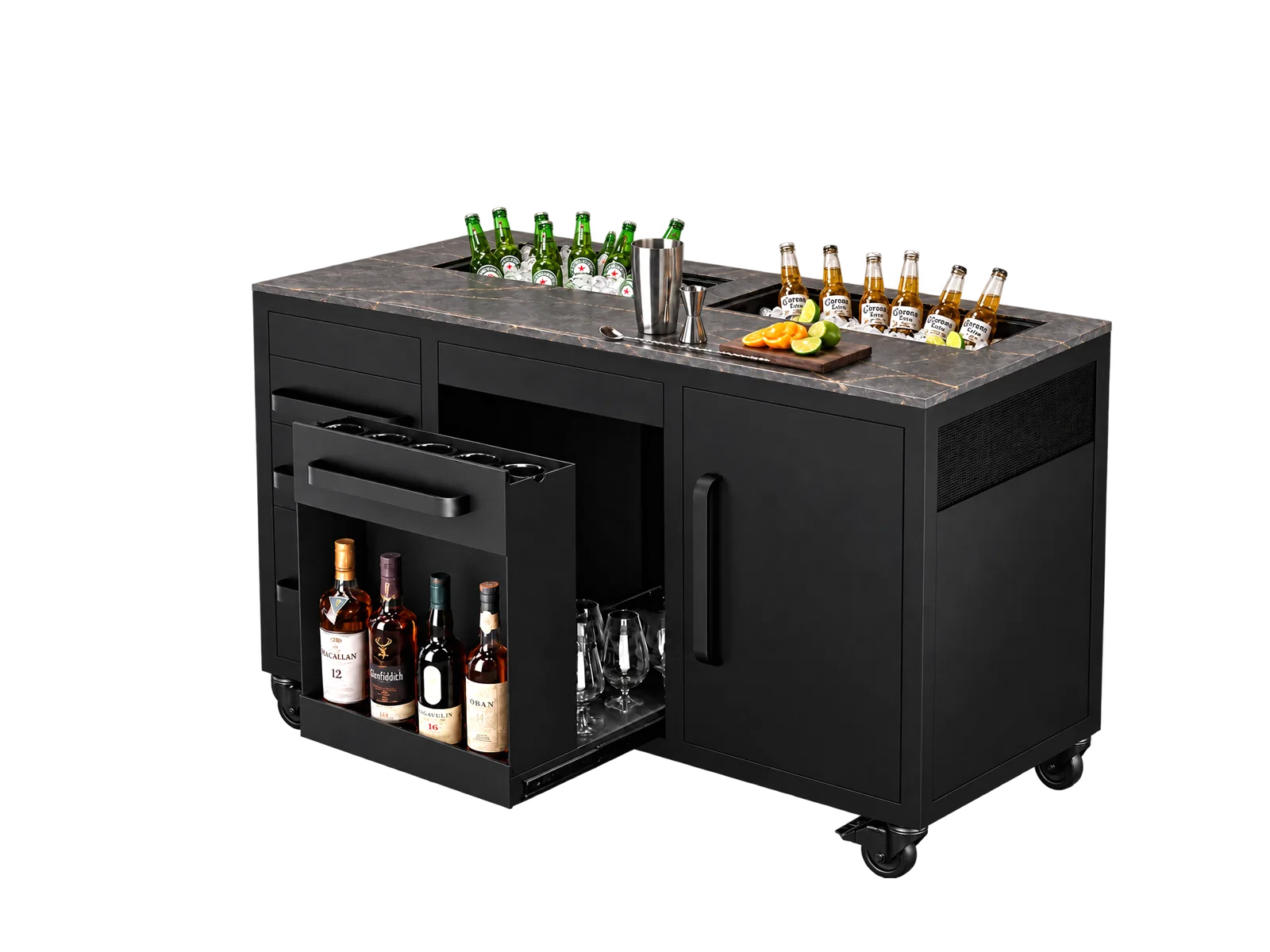 Isla Vantablack Mix Station para bar y preparación, con cubeteras para botellas y almacenamiento inferior.