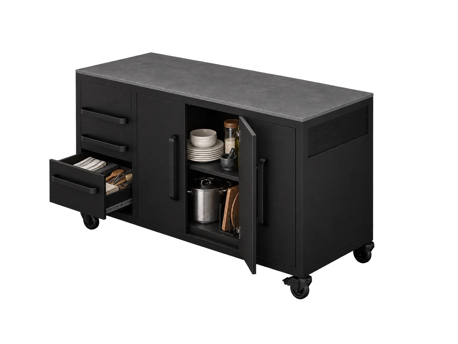 Isla modular Vantablack Origin+ para cocina exterior, con cajón, almacenamiento interior y puertas de guardado.
