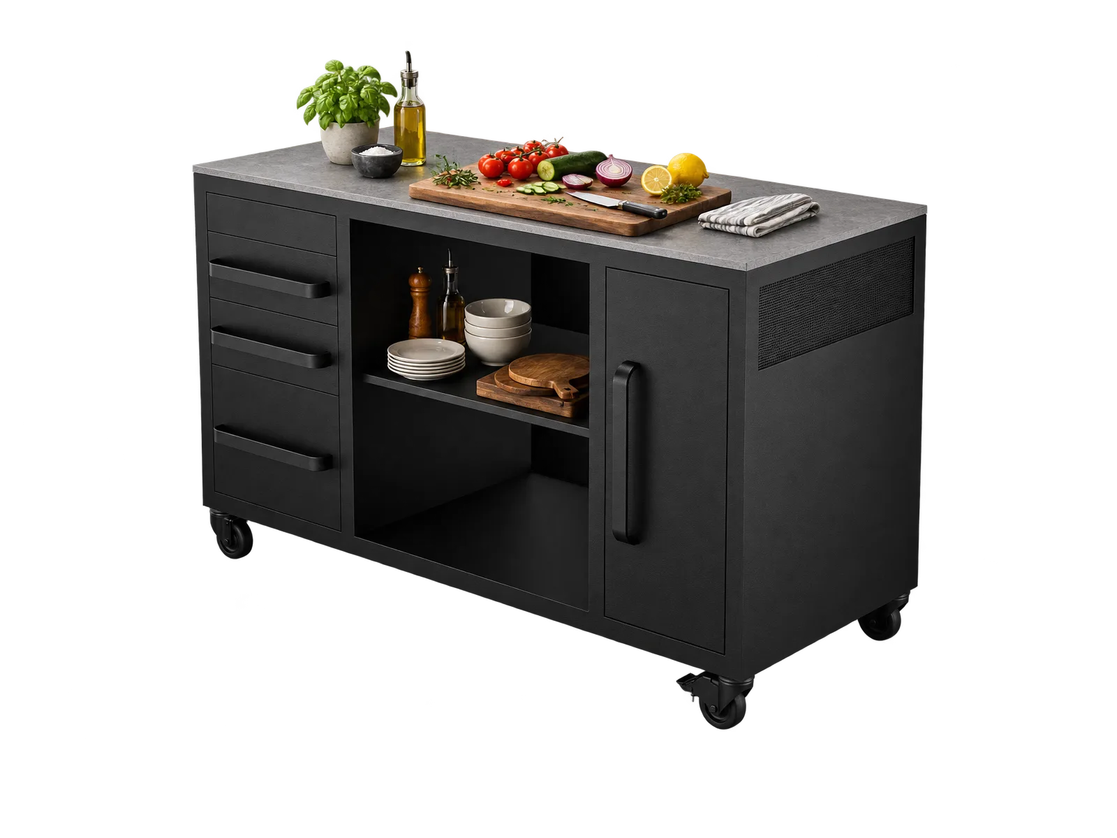 Isla modular Vantablack Origin para cocina exterior, con espacio central abierto y amplia superficie de trabajo.