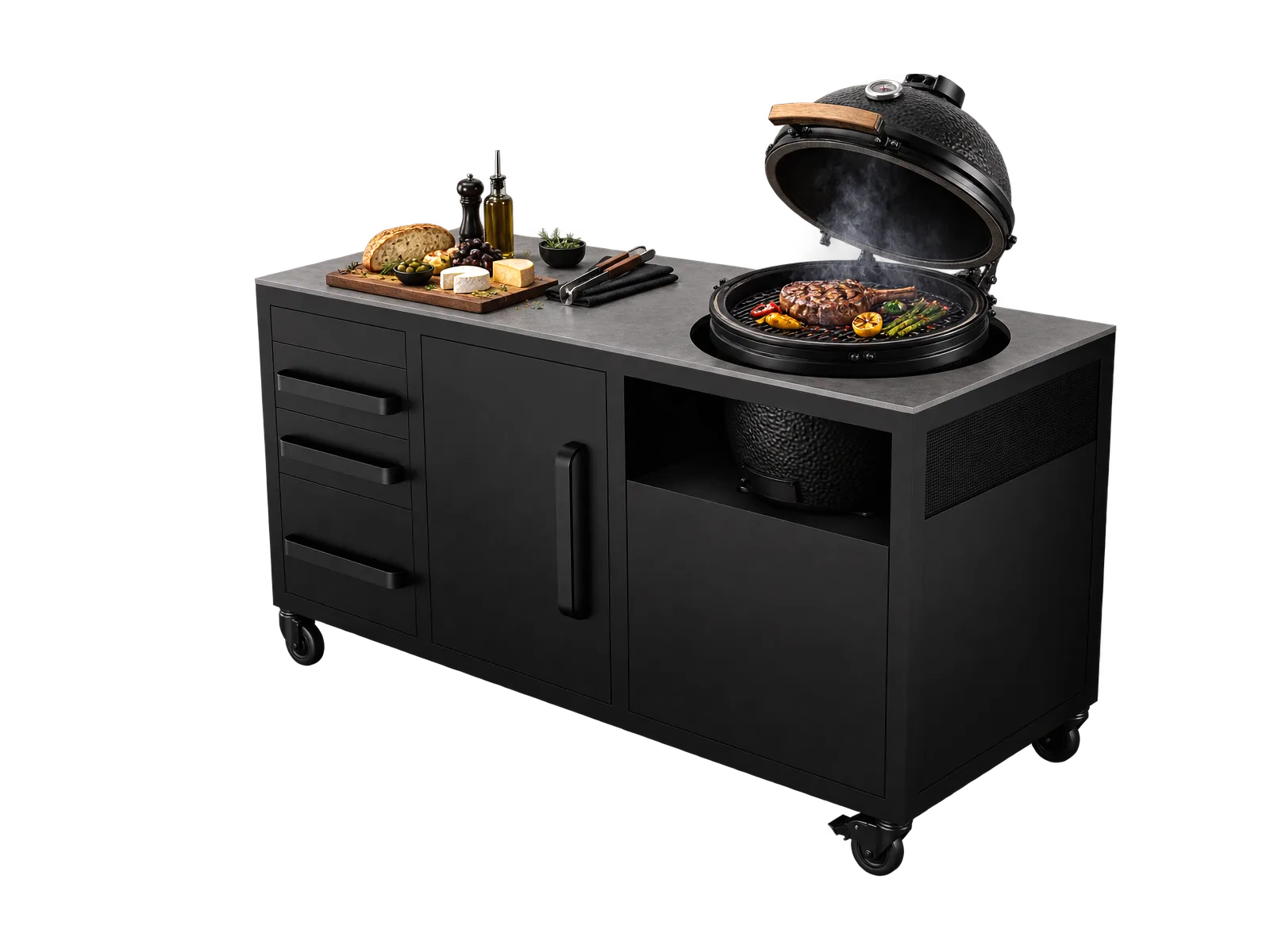Isla Vantablack Smoke para cocina exterior, preparada para incorporar un kamado sobre la cubierta.